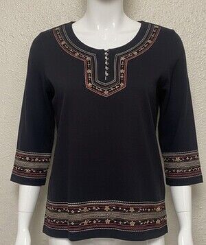 Alfred Dunner Boho Embroidered Top Ethnic Folk Style Artsy Cottagecore Tunic S